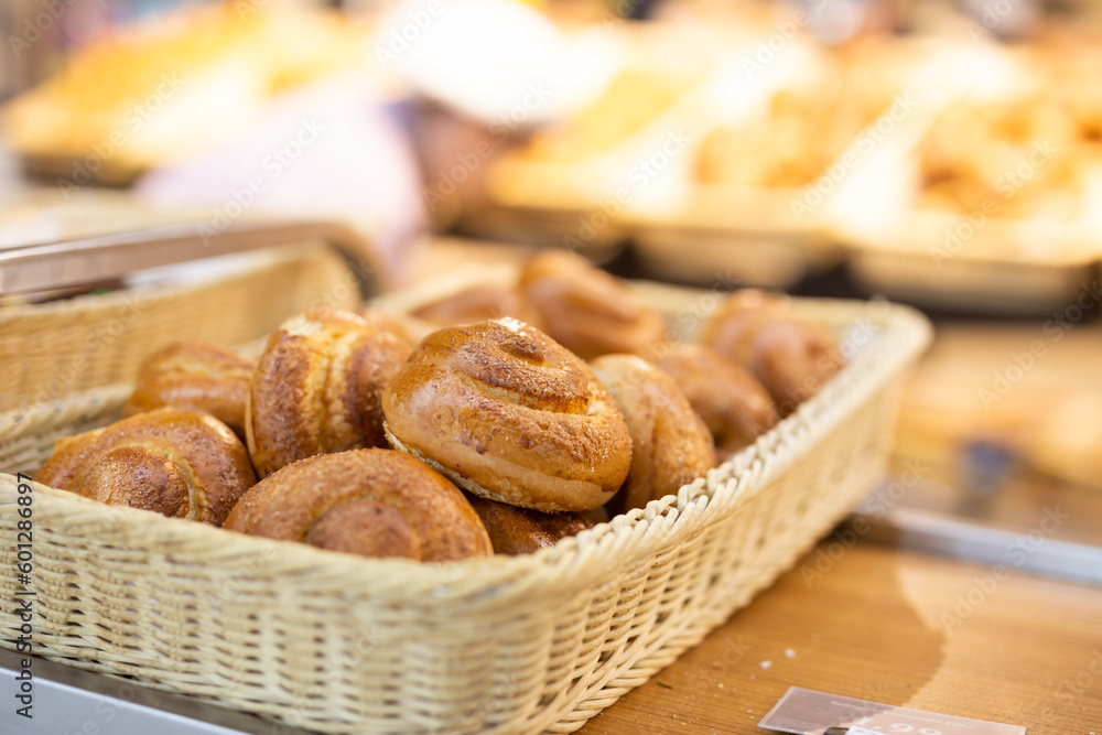 delicious fresh butter buns in baskets in bakery delicious fresh butter buns in baskets in bakery