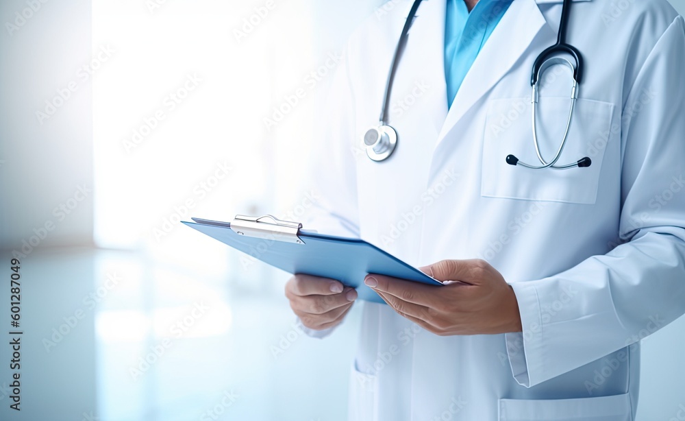 Quality Medical Services. Unrecognizable Male Doctor In Uniform Taking Notes To Clipboard While Standing In Hospital Corridor, Cropped Image, Panorama - obrazy, fototapety, plakaty 