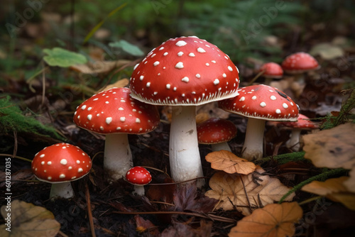 A group of red mushrooms with white spots in autumn