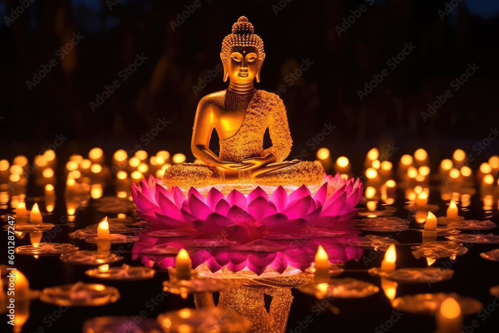 Lotus flowers and gold buddha statue, generative AI