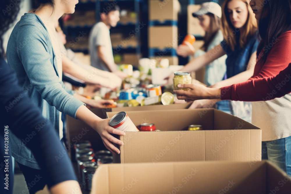 A group of unrecognizable people volunteering at a local food bank showcasing compassion generosity and community service, - obrazy, fototapety, plakaty 