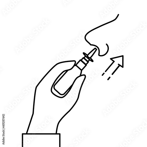 Nasal spray icon, syringe tube, nasal allergies relief, allergic rhinitis, thin line symbol on white background, editable stroke vector illustration.