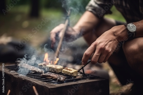 a man roasts a barbecue in nature, an unrecognizable person, close-up, selective focus