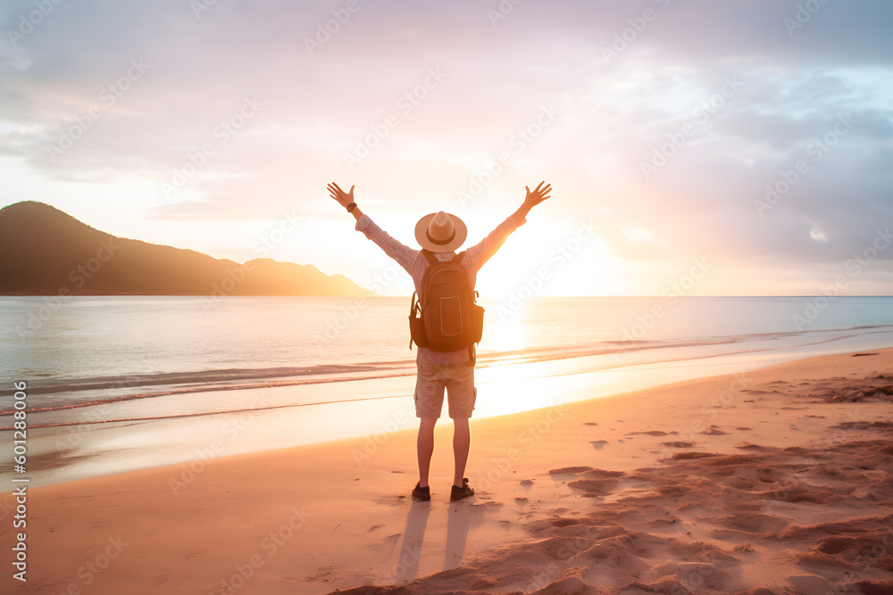 Happy man wearing hat and backpack raising arms up on tropical sandy beach at sunset Wellness, healthcare, traveling and mental health ai generated art Generative AI