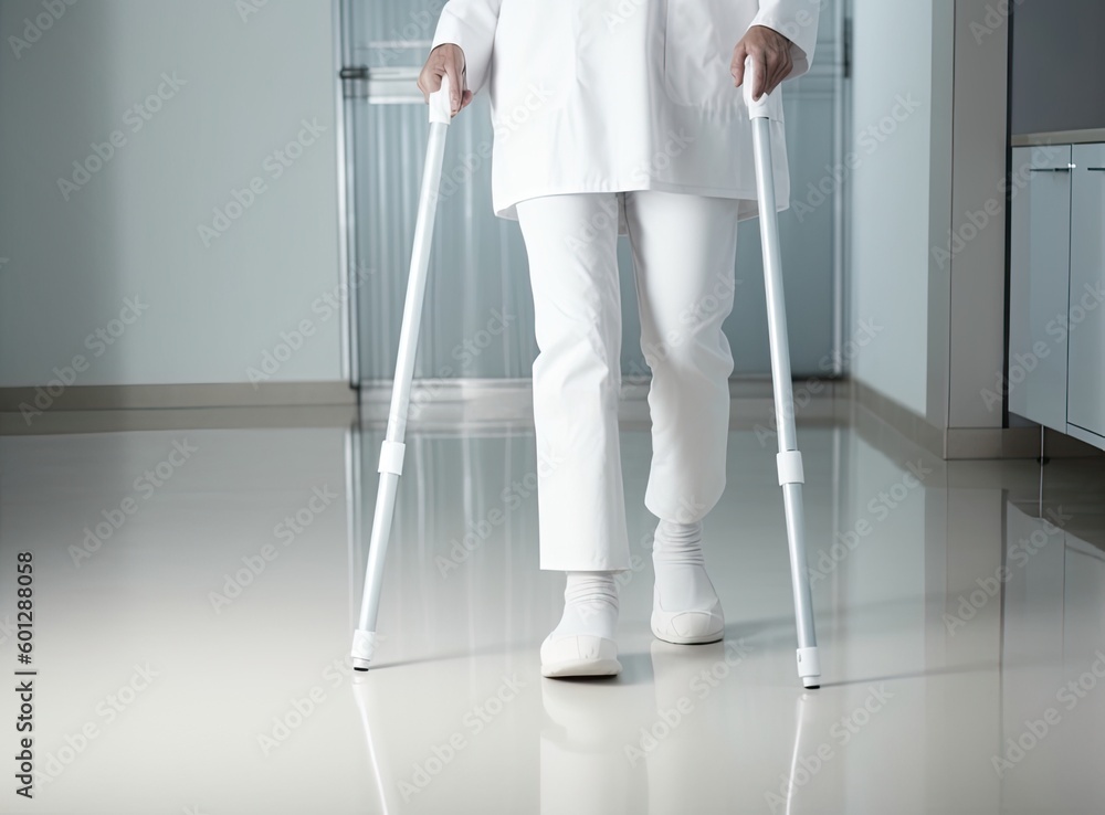 Low section of a disabled person using crutches to walk. Disabled man and woman use crutches to walk at home. created with Generative AI technology Low section of a disabled person using crutches to walk. Disabled man and woman use crutches to walk at home. created with Generative AI technology