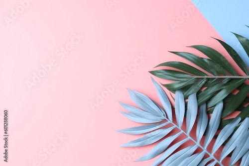 Tropical palm leaves on pink background. Flat lay, top view
