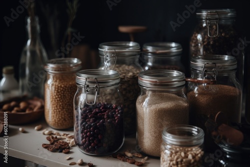 Assortment of grain products and nuts in glass storage containers on a table. Healthy cooking, clean eating, zero waste concept. Balanced dieting food.