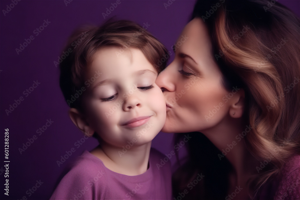 Caucasian mother and child kissing and hugging on a violet background Caucasian mother and child kissing and hugging on a violet background