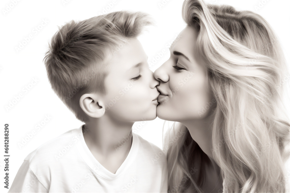 Caucasian mother and child kissing and hugging on a white background, black and white