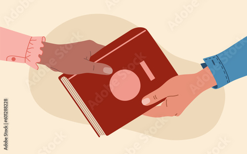 Book exchange concept. Human hands swap literature. Hand drawn vector illustration isolated on light background. Modern flat cartoon style.