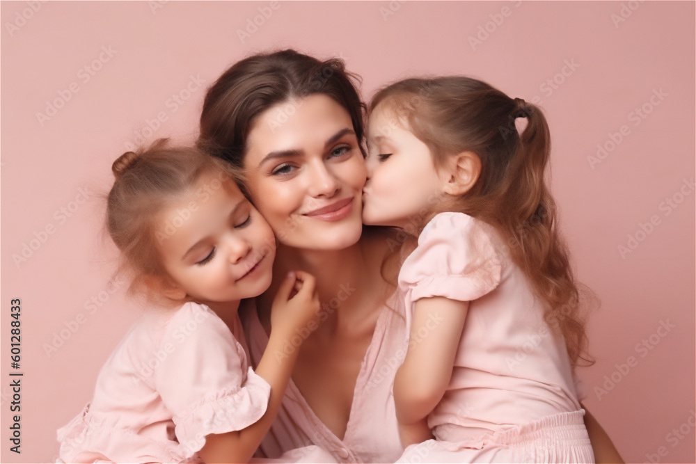 Caucasian mother and two daughter kissing and hugging on a pink background Caucasian mother and two daughter kissing and hugging on a pink background