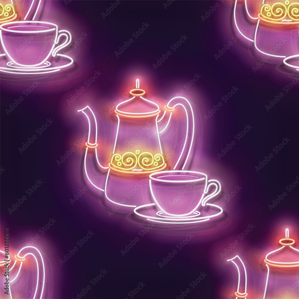 Seamless pattern with glow Metal Cups and Pot of Turkish Coffee. Cafe Label, Traditional Drink. Neon Light Texture, Signboard. Glossy Background. Vector 3d Illustration