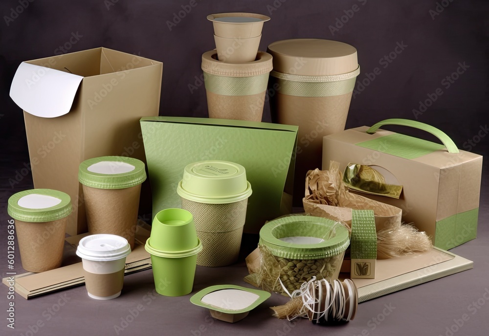 The concept of zero waste and recycling. Use of eco-friendly paper tableware and packaging made from biodegradable materials. created with Generative AI technology The concept of zero waste and recycling. Use of eco-friendly paper tableware and packaging made from biodegradable materials. created with Generative AI technology