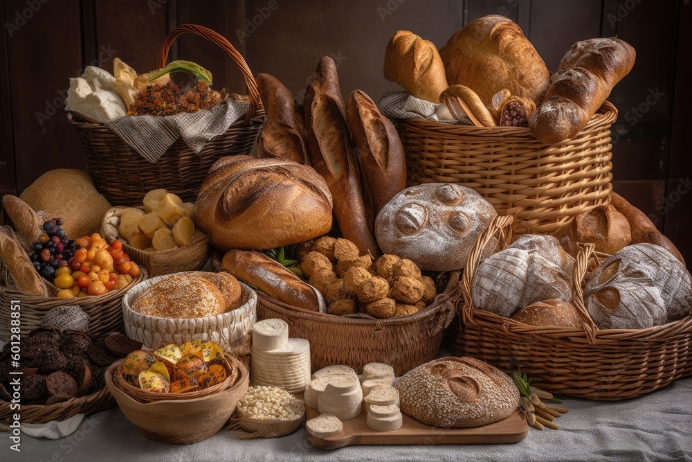 bread basket overflowing with artisan breads of various shapes and sizes, created with generative ai bread basket overflowing with artisan breads of various shapes and sizes, created with generative ai