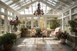 conservatory filled with florals and greenery for elegant and serene display, created with generative ai