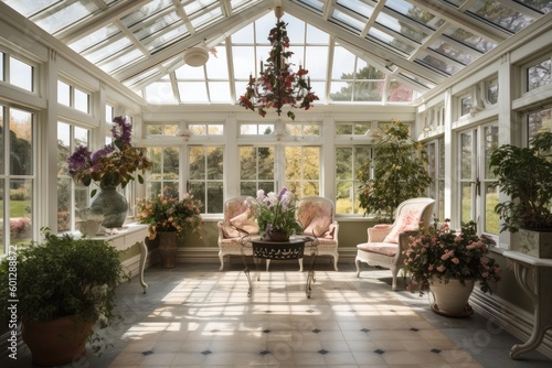 conservatory filled with florals and greenery for elegant and serene display, created with generative ai photo