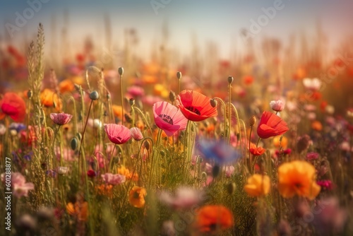 Beautiful poppy flowers in the meadow on a sunny summer day  enhanced by Generative AI