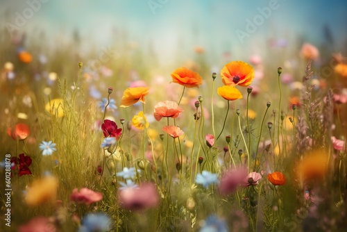 Beautiful poppy flowers in the meadow on a sunny summer day, enhanced by Generative AI