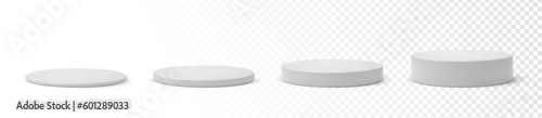 Set white podium base platform different heights. 3d round blank stand pedestal for product presentation. Realistic podium mockup vector illustration