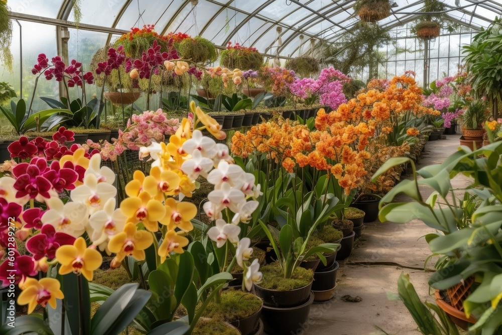 greenhouse filled with blooming orchids, their colors and textures on display, created with generative ai