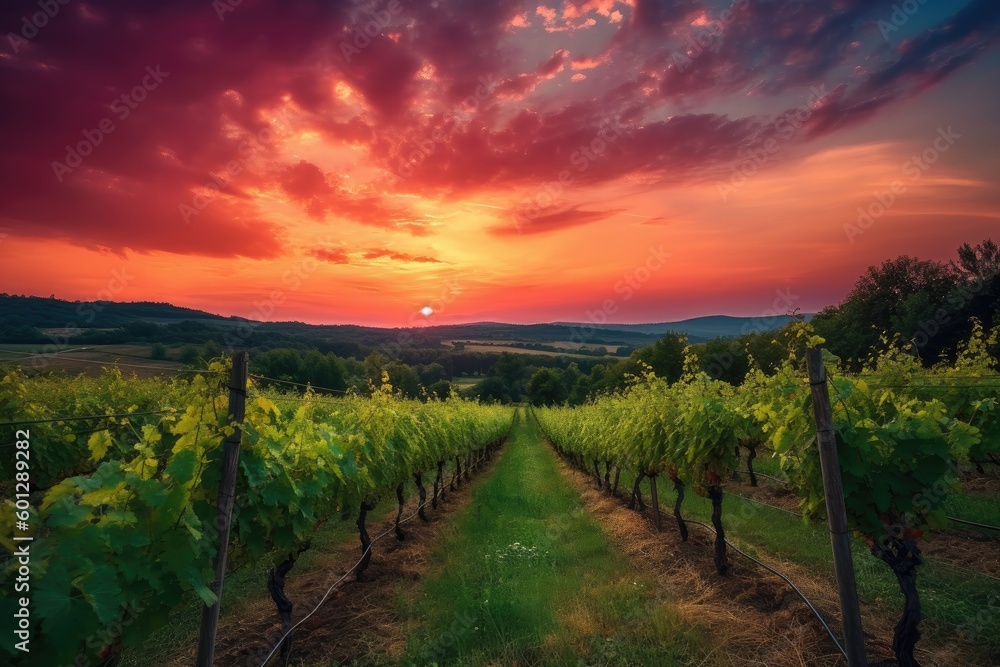 vineyard in the evening, with sunset sky and vibrant colors, created with generative ai