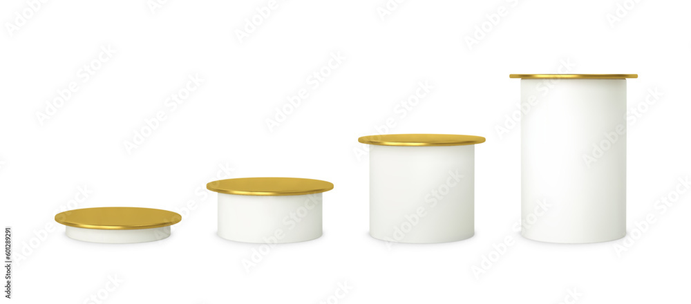 Set white golden podium base platform different heights. 3d round blank stand pedestal for product presentation.Vector cylinder shape. Podium mockup realistic illustration - obrazy, fototapety, plakaty 