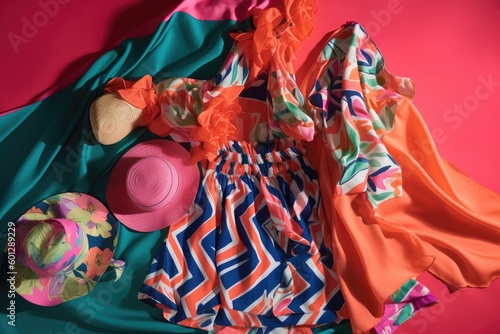 beachwear collection, with bikinis and swimsuits in bold colors and patterns, created with generative ai