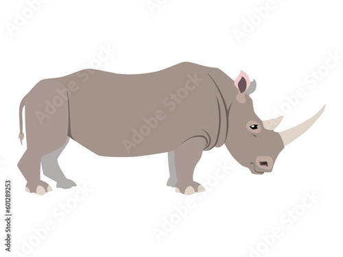  Animal illustration. Standing rhino drawn in a flat style. Isolated object on a white background. Vector 10 EPS