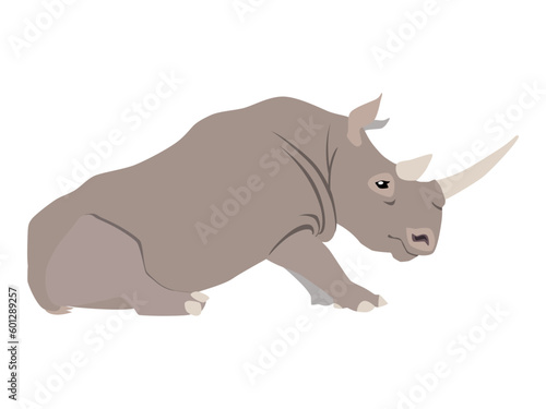 Animal illustration. Sitting rhino drawn in a flat style. Isolated object on a white background. Vector 10 EPS