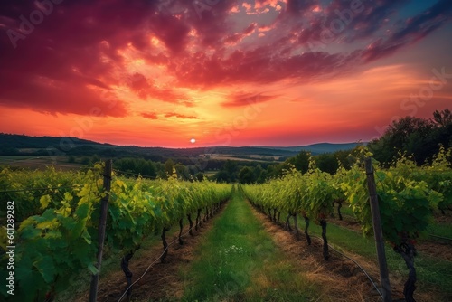 vineyard in the evening  with sunset sky and vibrant colors  created with generative ai