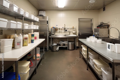 commercial kitchen, with bins and buckets of cleaning supplies at the ready, created with generative ai