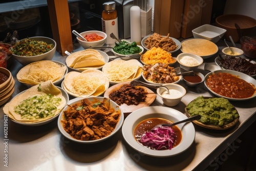 tacos stand with array of fillings, salsas, and toppings, created with generative ai