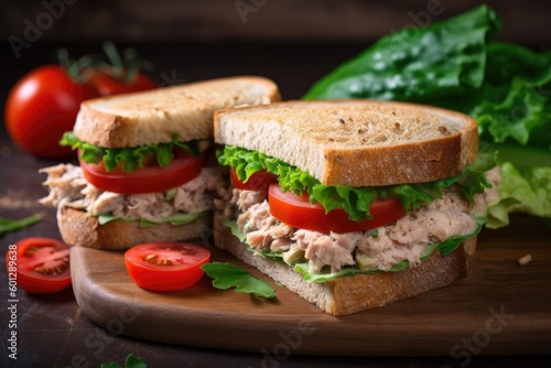 tuna salad sandwich with fresh greens and juicy tomatoes, created with generative ai