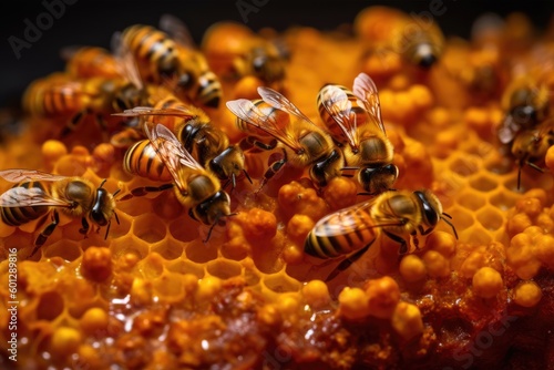 close-up of bee pollen, with the intricate patterns and textures visible, created with generative ai © altitudevisual