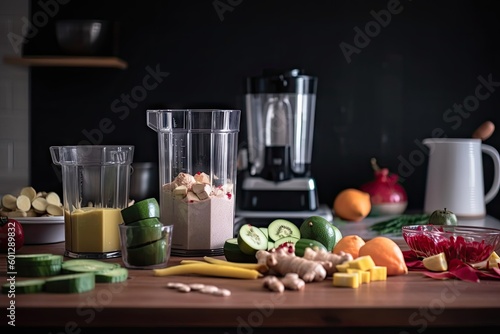 smoothie preparation with ingredients and blender in view, created with generative ai