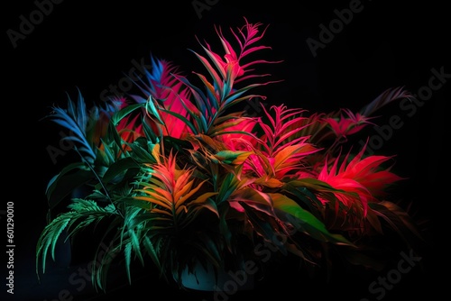 neon plants against black background, creating striking contrast, created with generative ai