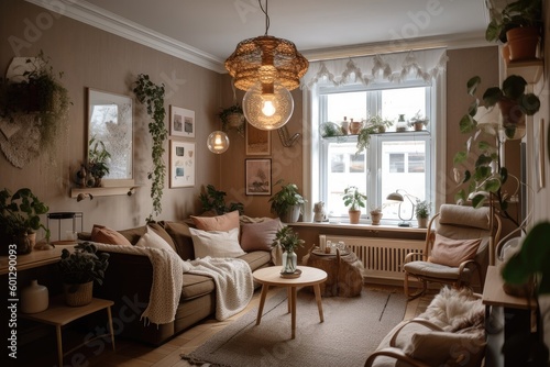 cozy apartment with vintage decor and warm lighting, created with generative ai