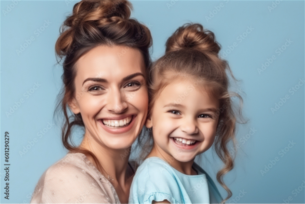 Caucasian mid woman and young girl smiling on a blue background Caucasian mid woman and young girl smiling on a blue background
