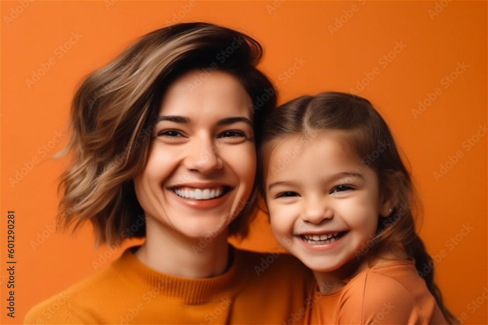 Caucasian mid woman and young girl smiling on an orange background Caucasian mid woman and young girl smiling on an orange background