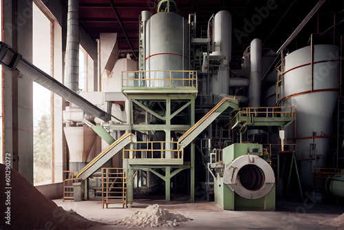 pulp and paper plant, with machinery processing raw materials into finished product, created with generative ai