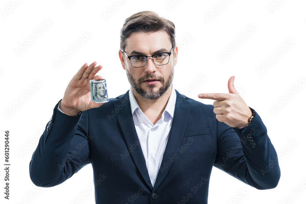 Man with money cash. Dollar banknotes. Portrait of businessman holding money banknotes. Dollar bills, credit, online banking. Rich man pointing at dollar banknotes, bank loan, financial savings. Man with money cash. Dollar banknotes. Portrait of businessman holding money banknotes. Dollar bills, credit, online banking. Rich man pointing at dollar banknotes, bank loan, financial savings.