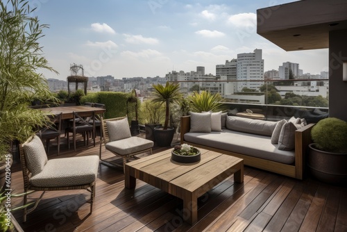 a beautifully furnished terrace overlooking the city skyline, created with generative ai