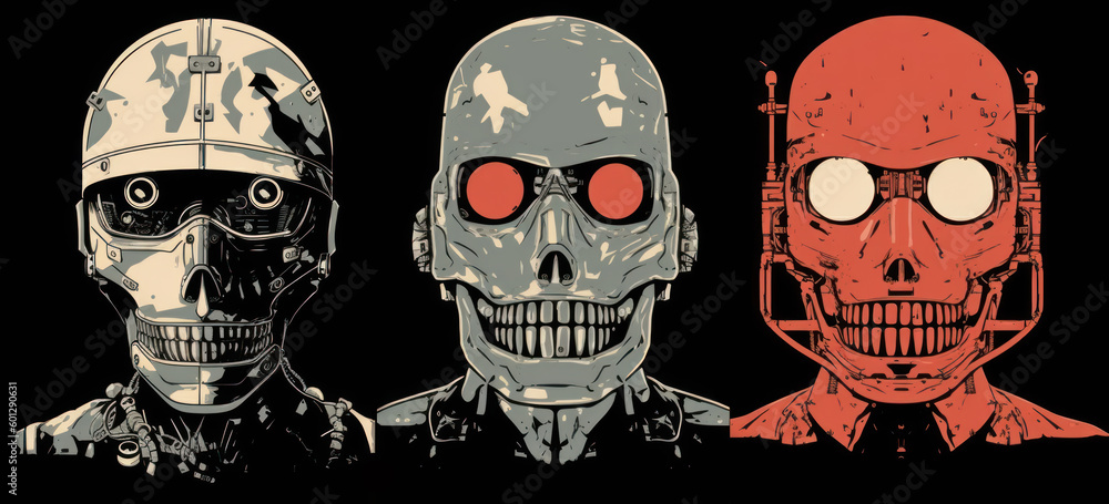 Zombie or skull robots of an dystopian society concept. Generative AI.