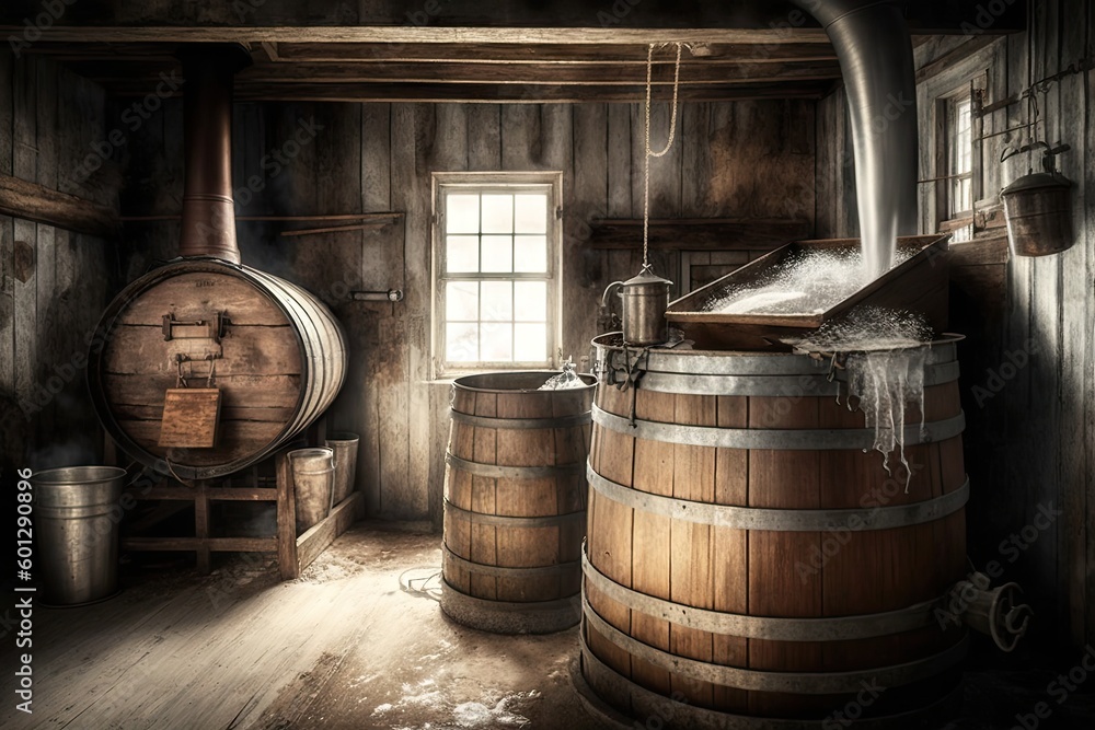 view of an old-fashioned evaporator, with buckets and spouts for collecting the sweet sap, created with generative ai view of an old-fashioned evaporator, with buckets and spouts for collecting the sweet sap, created with generative ai