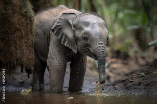newborn elephant drinking its first bottle of milk in the african jungle, created with generative ai