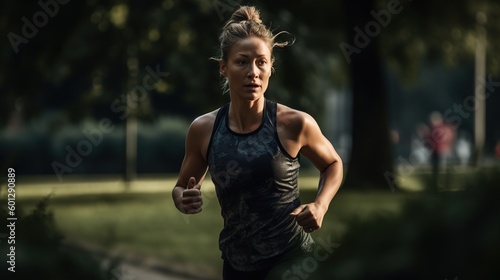 Portrait of a woman running in the park. Generative ai.
