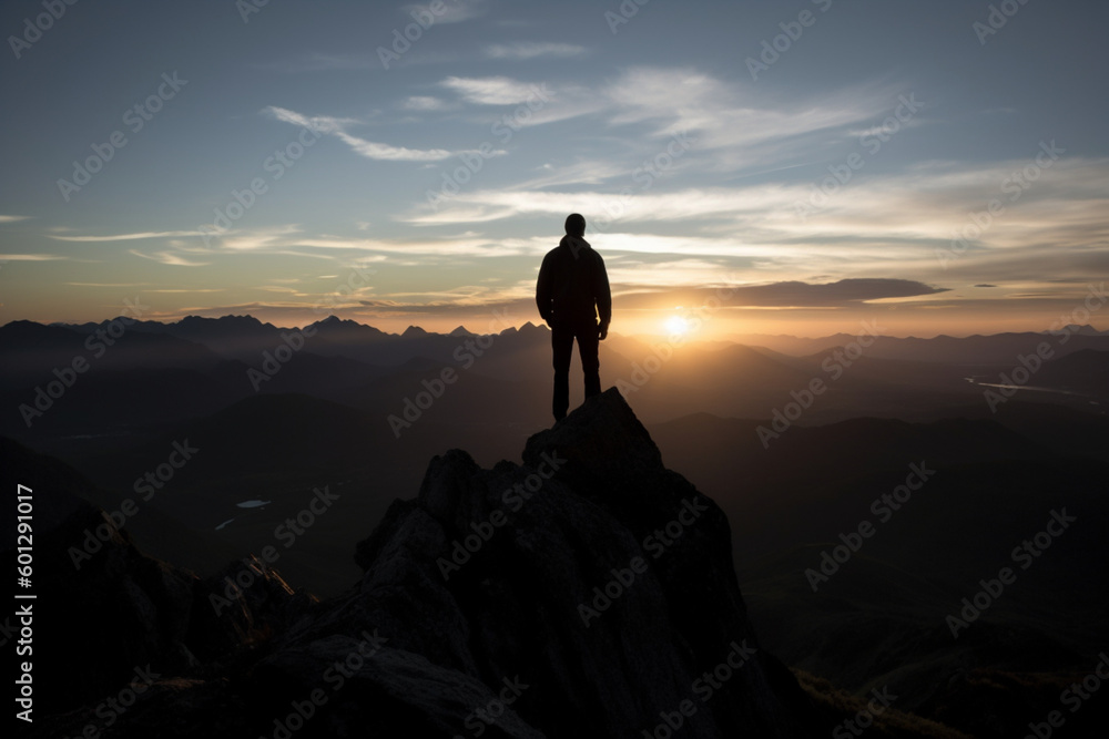 A silhouette of a person standing on a mountaintop representing adventure and exploration