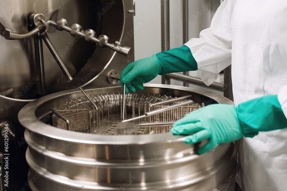 surgical instruments are being sterilized in a steam autoclave for safe