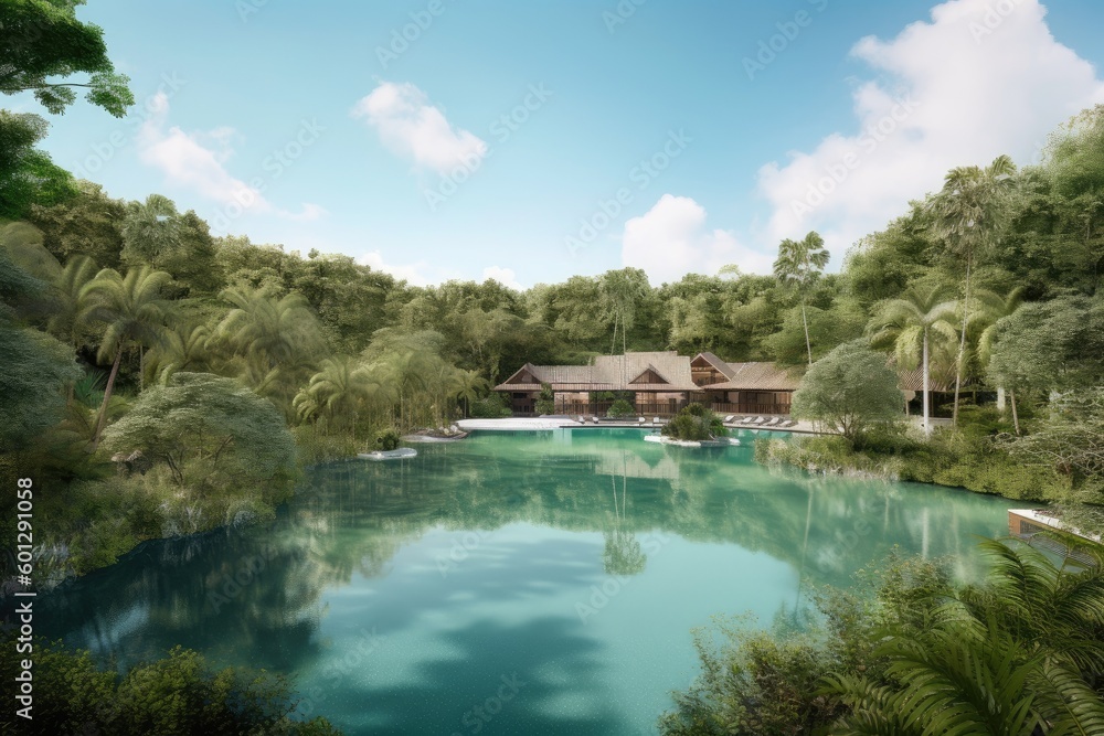 luxury resort, surrounded by lush greenery and crystal-clear water, created with generative ai
