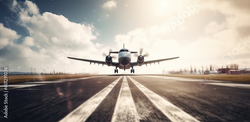 plane taking off from airport runways for traveling and transport business. Generative Ai.